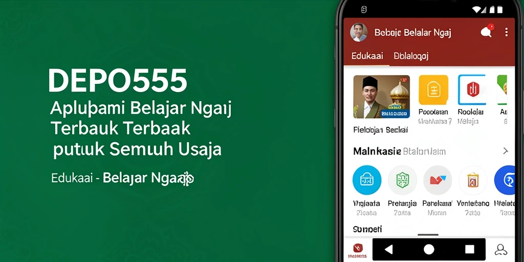 Tampilan utama DEPO555 dengan fitur Belajar Ngaji yang interaktif.