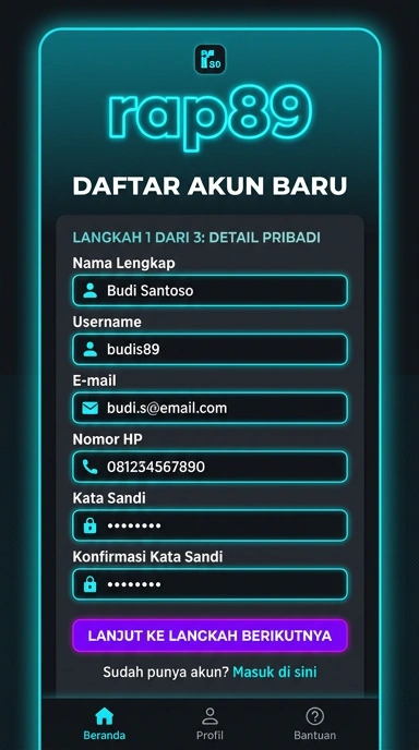 Tampilan halaman daftar rap89